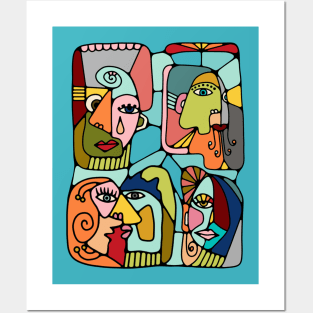 Cubist Picasso Style Faces In Mid Century Modern Colors Posters and Art